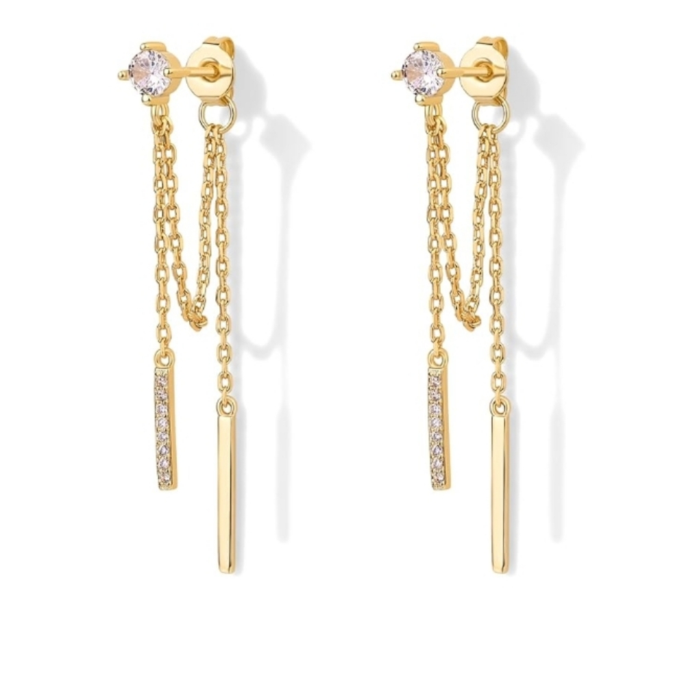 18K Gold Plated Sterling Silver Posts Drop Dangle Chain CZ Earrings